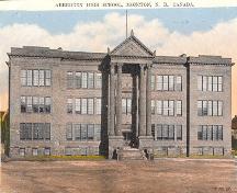 This postcard view of Aberdeen School, dated c1930, shows the Greek Revival elements of the façade of the new school rebuilt in 1916.; Moncton Museum