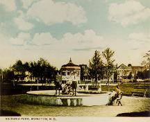 This postcard view shows the fountain that was installed in the park in 1915.; Moncton Museum