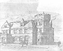 Period sketch Sydney Mines Post Office. Possibly ca 1904. Note single third floor step-gable window, reflecting original plans.; JW Sudbury artist, undated. Courtesy of Nova Scotia Heritage Property Program files.