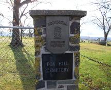 Fox Hill Cemetery sign on stone gate entrance post, Church Street, Port Williams, NS, 2006.; Heritage Division, NS Dept. of Tourism, Culture and Heritage, 2006.