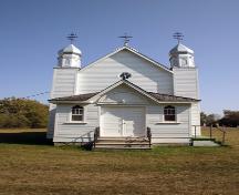 Primary elevation, from the west, of the Ukrainian Greek Orthodox Church of the Holy Transfiguration, Menzie area, 2006; Historic Resources Branch, Manitoba Culture, Heritage and Tourism, 2006