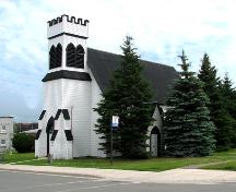 View of south-west corner of St. Mary's Anglican Church showing both entrances.; Restigouche Regional Museum, Dalhousie
