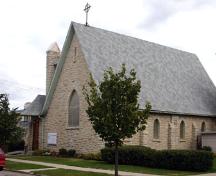 Primary elevations, from the southwest, of St. Mary's la Prairie Anglican Church, Portage la Prairie, 2005; Historic Resources Branch, Manitoba Culture, Heritage and Tourism, 2005