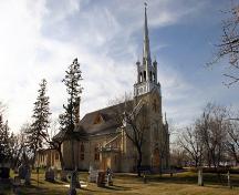 Primary elevations, from the northeast, of Ste. Anne Roman Catholic Church, Ste. Anne, 2006; Historic Resources Branch, Manitoba Culture, Heritage and Tourism, 2006