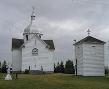 View of the Russo-Orthodox Church of the Transfiguration (Star Edna) Church and associated bell tower, Lamont County, looking east (October 2005); Lamont County, 2005