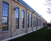 View of the northwest elevation of the Northern Pacific and Manitoba Railway Repair Shop, Winnipeg, 2005; Historic Resources Branch, Manitoba Culture, Heritage and Tourism, 2005
