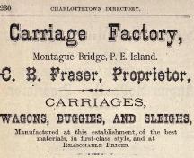 Ad for Fraser's Carriage Factory; Teare's Directory of PEI, 1880-81