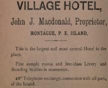 Advertisement for the Village Hotel; Frederick's Directory of PEI, 1889-1890