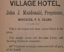 Advertisement for the Village Hotel; Frederick&#039;s Directory of PEI, 1889-1890