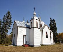 Primary elevations, from the southwest, of the Assumption of the Blessed Virgin Mary Ukrainian Catholic Church, Oakburn area, 2006; Historic Resources Branch, Manitoba Culture, Heritage and Tourism, 2006