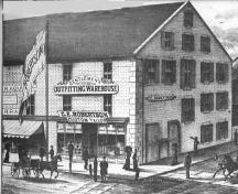 Showing window placement, brickwork, quoins, and raised parapet gable ends; Meacham's Atlas of PEI, 1880