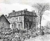 Historic sketch of George Brown's funeral procession, showing house; Copyright Expired
