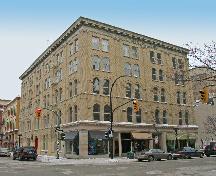 View, from the southwest, of the main elevations of the Bate Building, Winnipeg, 2004; Historic Resources Branch, Manitoba Culture, Heritage, Tourism and Sport, 2004