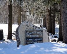 Detail of the commemorative plaque at Dominion City Cemetery, Dominion City, 2007; Historic Resources Branch, Manitoba Culture, Heritage, Tourism and Sport, 2007