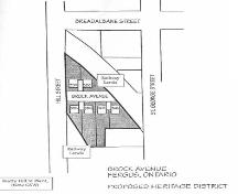 Plan of Brock Avenue HCD indicating location of six protected houses, 1996.; Township of Centre Wellington, 1996.