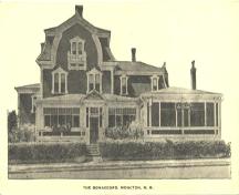 From the 1920's until the mid 1970's, the William S. Torrie House was used as a hotel and boarding establishment under the name "Bonaccord Hotel". This postcard is c. 1920's.; Moncton Museum 