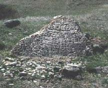 View of carved lines, circles and pits on Monolith 1, 1995.; Government of Saskatchewan, 1995.