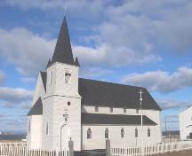 St. Barnabas Anglican Church, view of the bell tower/main entrance, Flower's Cove, Northern Peninsula.; HFNL 2005