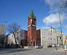 Contextual view, from the southeast, of Calvary Temple Tower, Winnipeg, 2006; Historic Resources Branch, Manitoba Culture, Heritage, Tourism and Sport, 2006