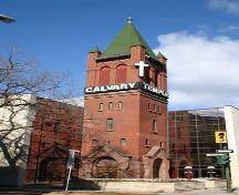 Primary elevations, from the southeast, of Calvary Temple Tower, Winnipeg, 2006; Historic Resources Branch, Manitoba Culture, Heritage, Tourism and Sport, 2006