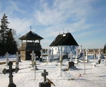 Contextual view, from the southeast, of St. Elias Ukrainian Orthodox Church and Bell Tower, Sirko, 2006; Historic Resources Branch, Manitoba Culture, Heritage, Tourism and Sport, 2006
