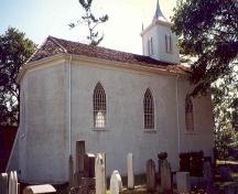 Oblique view of tombstones and  north and east side of church - 1996; OHT - 1996