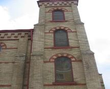 Detail of polychromatic bell tower and buttresses; OHT, 2006