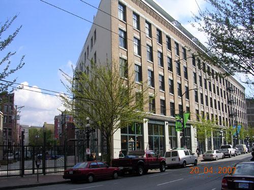 Oblique view of East Cordova Street elevation