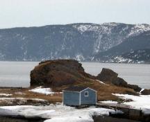 Photo view of The Quidnock and Stage Cove environs, Conche, NL, 2007.; Courtesy of French Shore Historical Society, 2008