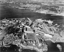 Photo aérienne des Sites navals d'Esquimalt, qui montre la vue vers le nord, 2001.; Parks Canada Agency / Agence Parcs Canada, 2001.