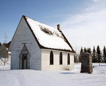 Primary elevations, from the northwest, of Arnaud United Church and Cemetery, Arnaud, 2007; Historic Resources Branch, Manitoba Culture, Heritage, Tourism and Sport, 2007