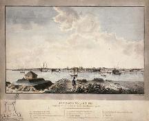 Aquarelle du fort Saint-Jean en 1779, qui montre un plan du fort au coin gauche inferieur de l'image.; Library and Archives Canada / Bibliothèque et Archives Canada, C-001507, 1779.