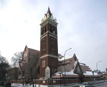 Contextual view, from the northeast, of Young United Church Tower, Winnipeg, 2006; Historic Resources Branch, Manitoba Culture, Heritage, Tourism and Sport, 2006