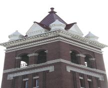 Tower, from the northwest, of Young United Church Tower, Winnipeg, 2006; Historic Resources Branch, Manitoba Culture, Heritage, Tourism and Sport, 2006