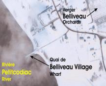 Winter aerial photo showing the Belliveau Village Wharf on the Petitcodiac River; Google Maps and the Memramcook Valley Historical Society