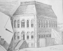 Showing artist rendering of courthouse in 1904; MacNaught History Centre and Archives, John Gothard Baker Collection, 1904