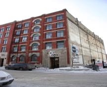 Primary elevation, of the 1898 section, from the northwest, of the Great West Saddlery Warehouse, Winnipeg, 2007; Historic Resources Branch, Manitoba Culture, Heritage and Tourism, 2007
