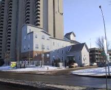 This image illustrates the north and west elevations of the building, as seen from the northwest.; City of Edmonton, 2004