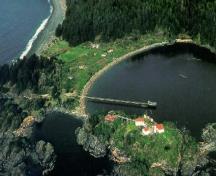 Aerial view of the Yuquot village area.; Parks Canada/Parcs Canada, 1997