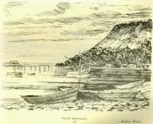 Robin Wall a dessiné cette image des falaises de Dark Harbour entourant l'étang et elle montre un doris, le type de bateau utilisé par les personnes qui récoltent la dulse de l'arrière de l'île Grand Manan.; Robin Wall image, Grand Manan Archives