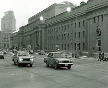 View of the front (northwest) elevation of the railway station.; Parks Canada Agency/Agence Parks Canada, Michael Bowassa, 1988.
