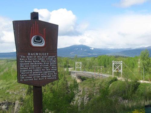 Hagwilget Bridge with interpretive sign, 2010