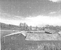 Side view of the Implement shed, showing its tall gable-roofed mid-section, 1992.; (Public Works Canada, Architectural & Engineering Services - Canadian Parks Service, Western Regional Offices, / Travaux publics Canada, services d'architecture et de génie - Service canadien des parcs, Bureau de la région de l'Ouest, 1992).