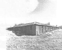 Corner view of the Percheron Box Stalls, showing its extensive scale and unusual massing, 1992.; Public Works Canada, A & E Services - CPS, WRO, 1992 / Ministère des Travaux publics, SAG, PC, BRO, 1992.