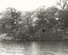 Vue de la rivière de l’abri de pique-nique de l’île Adelaide, qui montre son emplacement relativement isolé et boisé de l'île, 1992.; Parks Canada Agency / Agence Parcs Canada / Historica Resources Ltd., 1992.