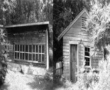 Exterior view of the Massey Farmstead, showing the chicken coop on the left and the ice and milk house on the right, 1992.; Parks Canada Agency / Agence Parcs Canada, Historica Resources Ltd., 1992.