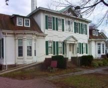 General view of Belle Vue, showing the decorative portico above the main entrance supported by pilasters, 2009.; Parks Canada Agency / Agence Parcs Canada, 2009.