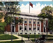 Contrary to this postcard's depiction, the building is constructed of buff brick and cast concrete.; City of Windsor Collection