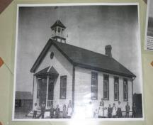 Historic view showing belfry and original porch of the Pomeroy School, Morden, 2011.; Historic Resources Branch, Manitoba Culture, Heritage and Tourism, 2011