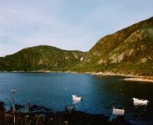 View of Martinique Bay, Conche, NL, site of the wreck of the French vessels Marguerite and Murinne.; French Shore Historical Society 2005